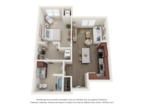 Floor plan for 1 bed, 1 bath, 773 sqft